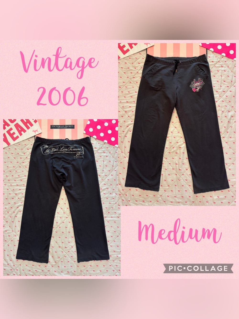 VS PINK VINTAGE Y2K WIDE LEG BOYFRIEND SWEATPANTS ROCK N ROLL BLING RHINESTONE M